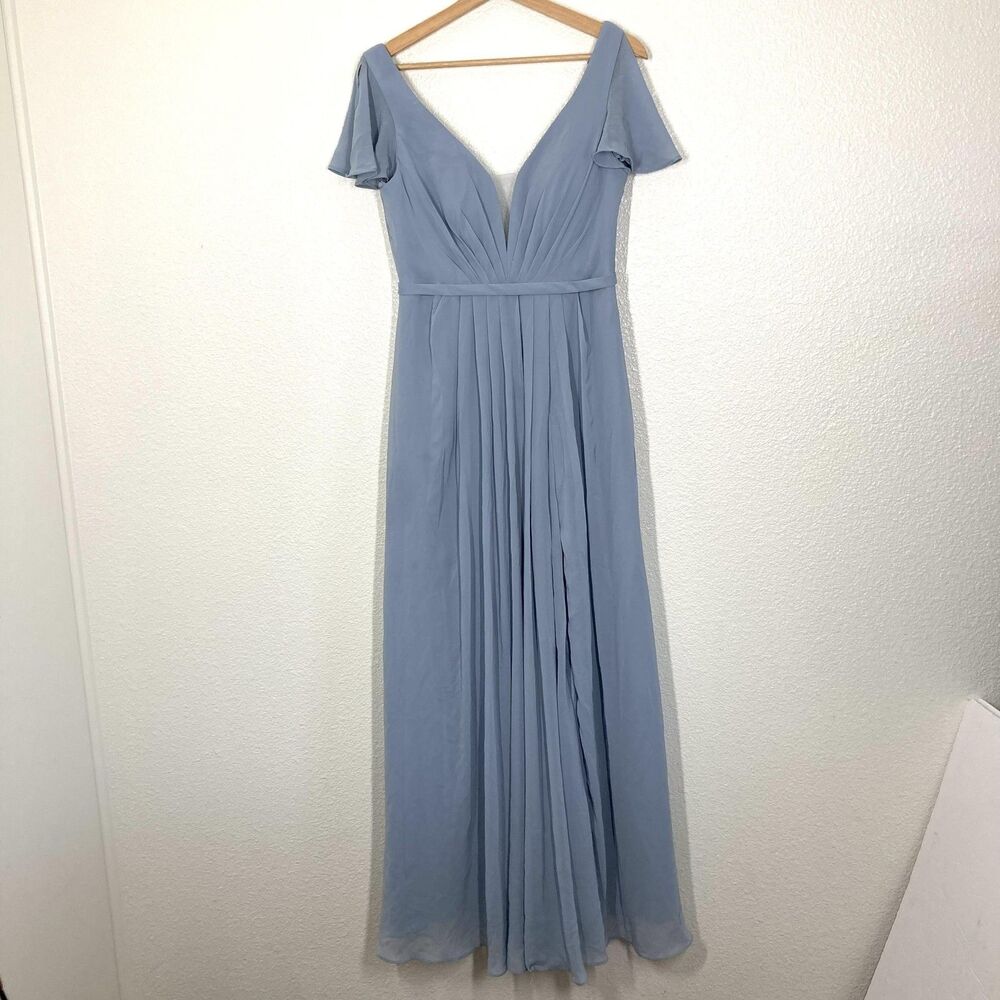 Azazie Dress Womens M Dusty Blue Chiffon Bridesmaid Formal Maxi V Neck